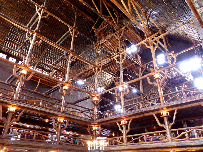 The spectacular lobby of the Old Faithful Inn.