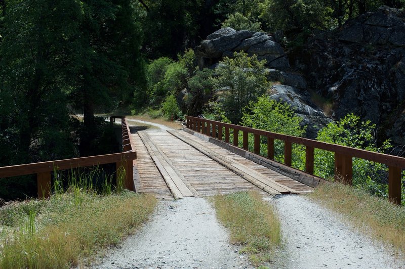 Wooden bridge that crosses the Tuolumne River.