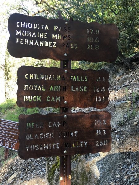 Mileage sign. Chilnualna Falls 4.1 miles.