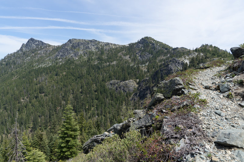 Looking back toward Emily and Buck Peaks.