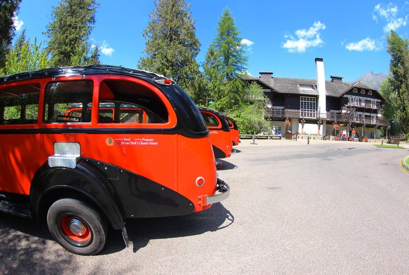 Glacier Park buses at Lake McDonald Lodge.