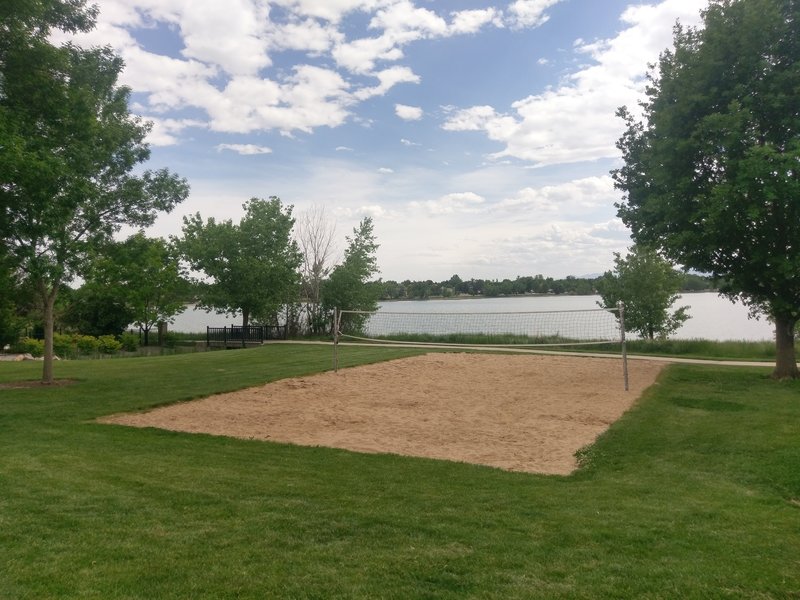 The sand volleyball court next to McIntosh Lake.