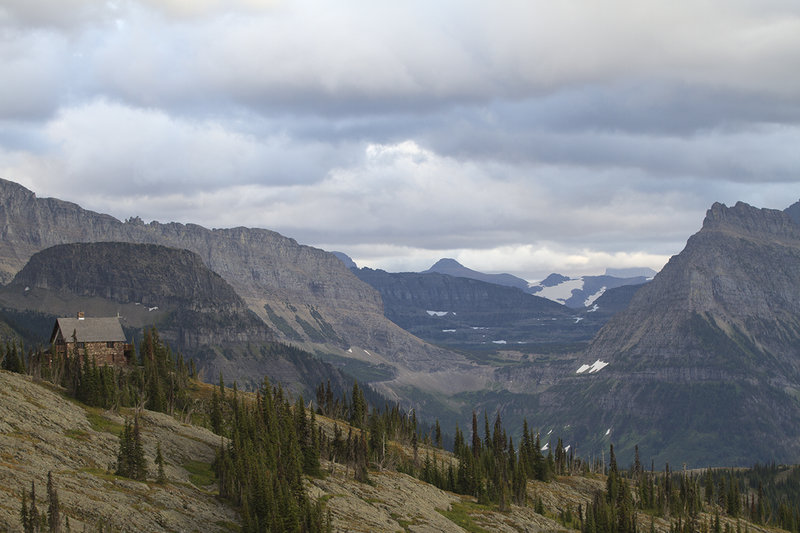 Looking at Granite Park Chalet with Logan Pass in the background.