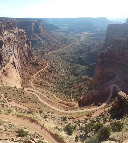 View from the "neck" looking down at Shafer Canyon Road switchbacks.