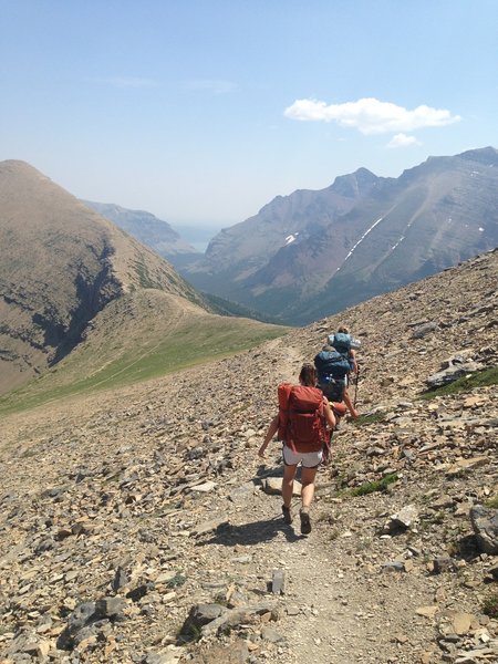 Descending the scree fields on Dawson Pass.