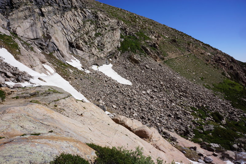 Approaching the falls area of the Chasm Lake trail in late June. The rangers say this snow typically is gone by July.