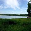 Looking across the Coralville Reservoir from the Bird Blind Trail at an enormous radio telescope searching for ETs