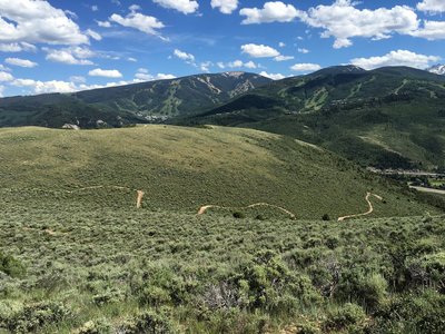 View of the Saddle Ridge Trail from the Aspen Grove connector trail off of Our Backyard Trail.