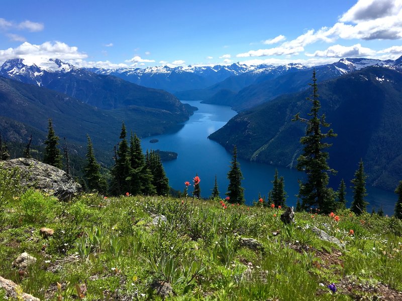 View of Ross Lake looking south from ridge line leading to the summit.