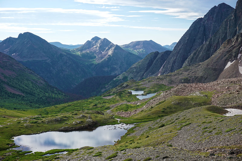 Looking down from Trinity Pass to a pond and Trinity Lake.