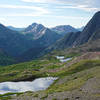 Looking down from Trinity Pass to a pond and Trinity Lake.