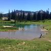 About to take a dip in the small alpine lake.