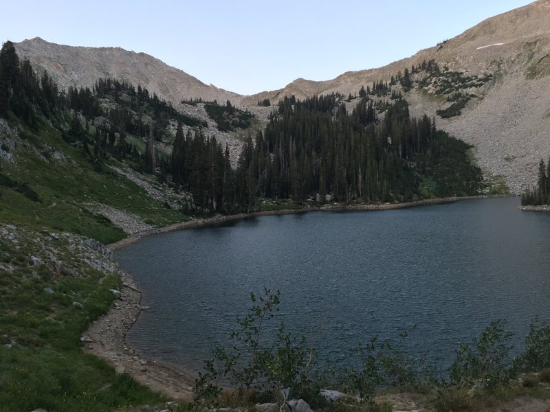 A view of the east side of lower Red Pine Lake, as well as part of the trail that goes around the lake.