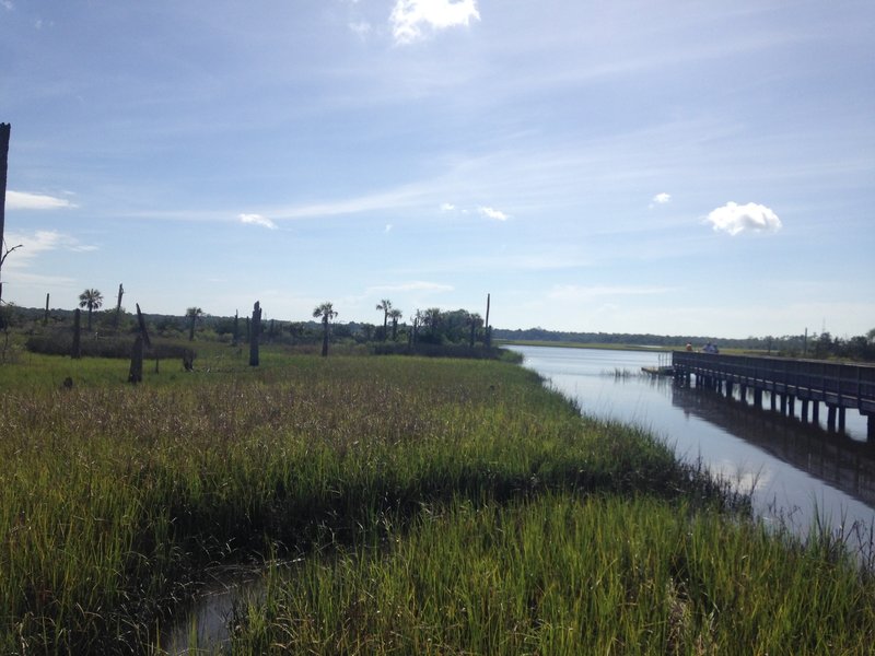 View of the St. John's River from afar as well as the pier from the side.