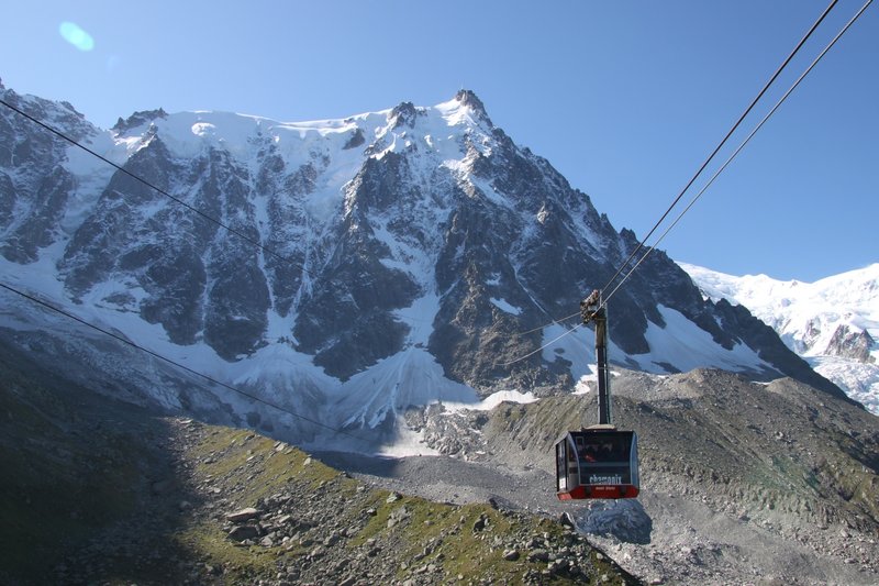 Leaving Plan de l'Aiguille for the vertical kilometre to the Aiguille du Midi, Chamonix Valley, France.