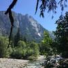 Looking up at Mt. Garfield. The famous climbing route, Infinite Bliss (23 pitch climb) goes up the face. Aug 9, 2016.