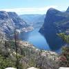 Looking down at the Hetch Hetchy Reservoir from the top of switchbacks.