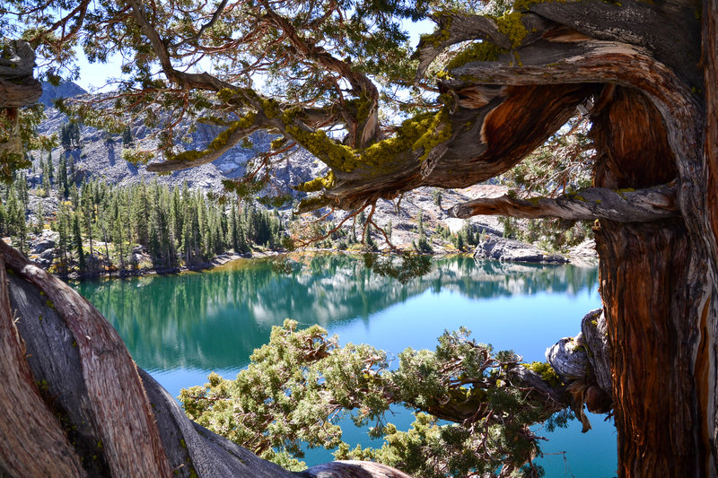 Granite cliffs cast shadows over the green waters of Heather Lake.