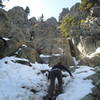 Scrambling up the haystack rock.  Better to tie the dogs up at the base... these ones could have caused an issue!