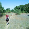 Hiking across an abandoned homestead.