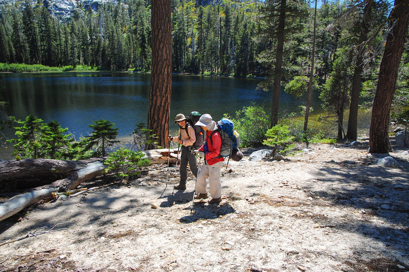 Hiking along the shore of Crag Lake.