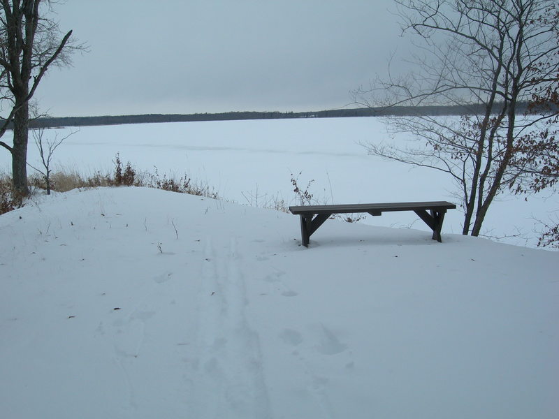 The view out onto Tamarack Lake in winter.