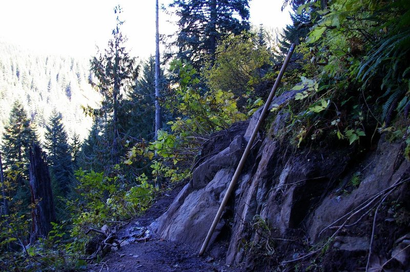 There is a narrow rocky section on the trail just below the lake. Photo by Gene Blick.