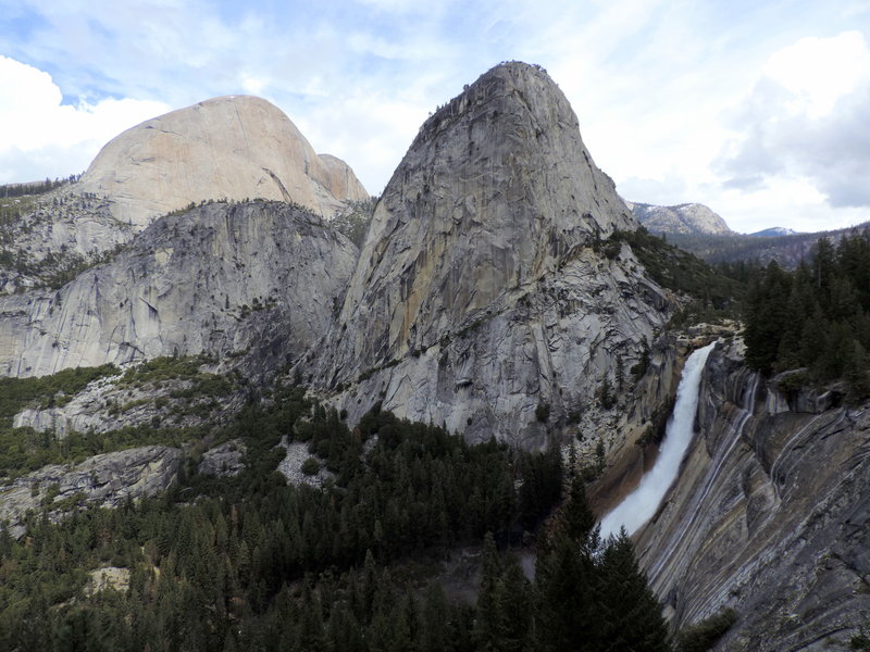 Looking roughly north from the John Muir Trail toward Liberty Cap and Nevada Falls.