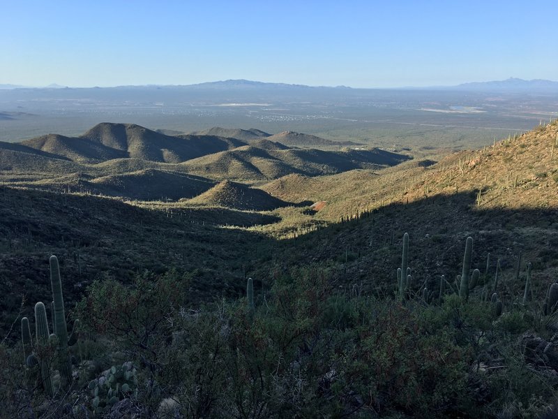 Getting higher and closer to Wasson Peak. In the center of the photo, you can see the orangish tailings from the Gould Mine.