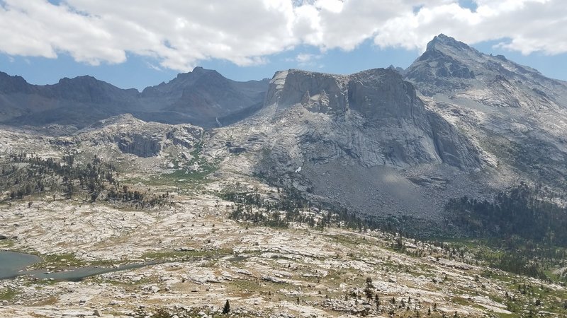 View of Kaweah Queen and Black Kaweah over Big arroyo and Nine Lakes Basin