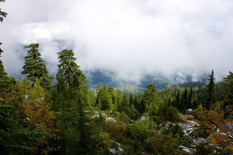 A layer of fog shrouding the views below Mount Pilchuck.