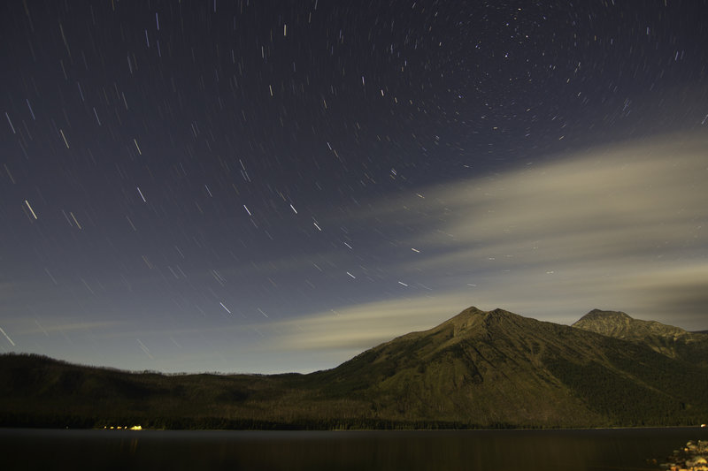 Star trails over Lake McDonald in Glacier National Park, Montana.