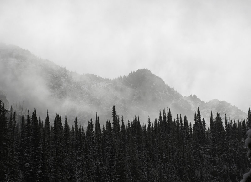 An eerie morning heading toward the Sperry Chalets.