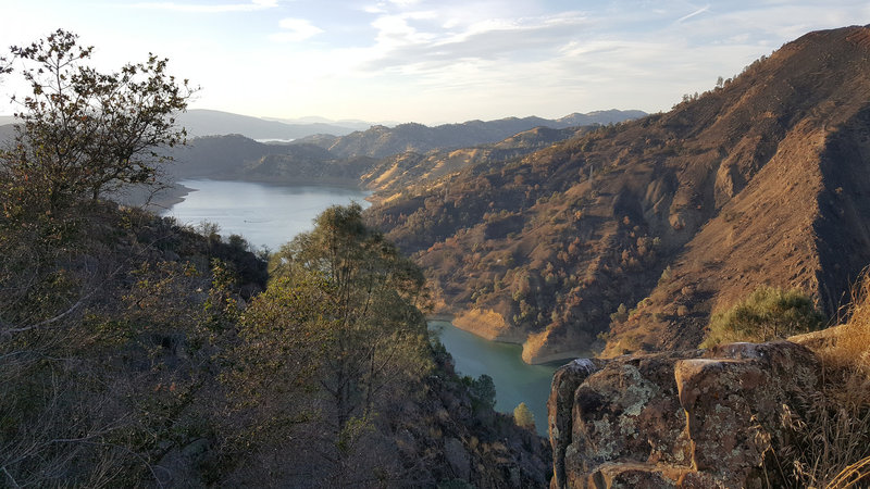 Lake Berryessa near sunset, seen from where the Blue Ridge Trail first reaches its namesake ridge.