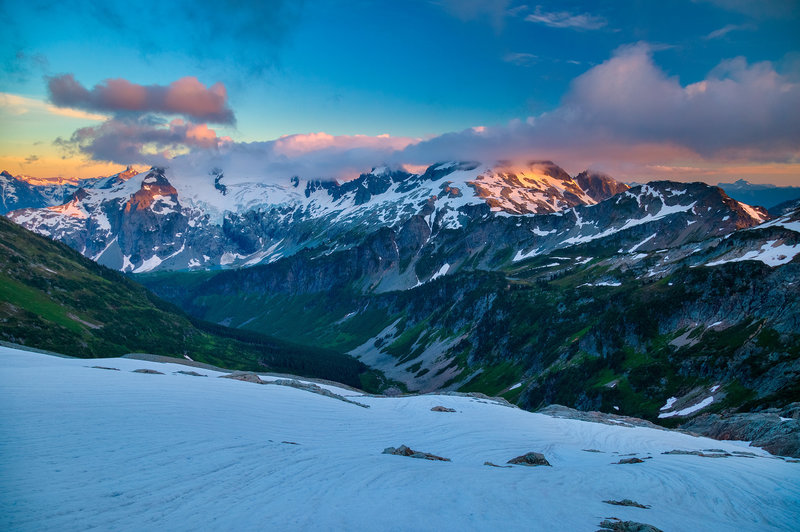 Le Conte Mountain and glacier seen from Spider-Formidable col on the Ptarmigan Traverse.