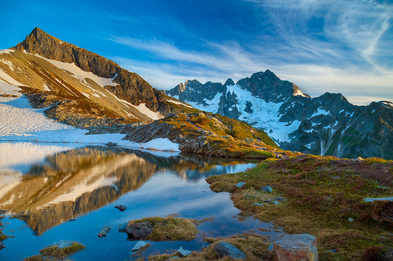 Kool-Aid Lake, Arts Knoll and Mt. Formidable.  Taken from the bivouac site at Kool Aid lake on the Ptarmigan Traverse.