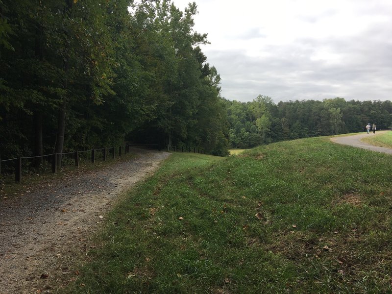 South Run Stream Valley Trail on left. Lake Mercer (South) Trail on right crossing Lake Mercer Dam.