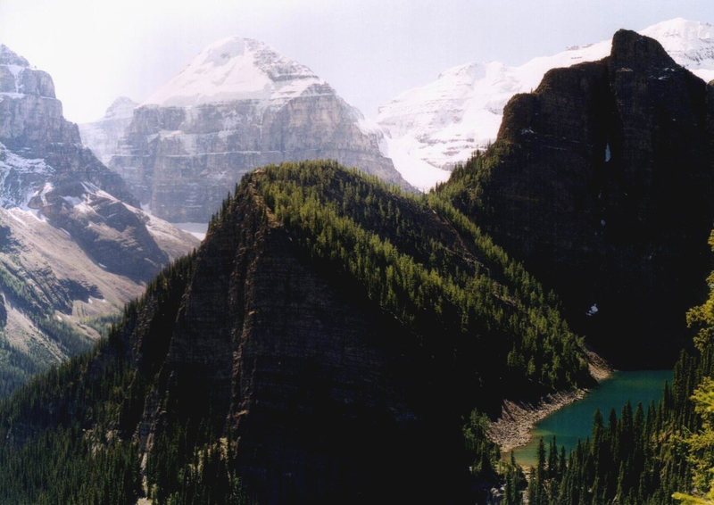 Looking down on the Beehive and Lake Agnes from the Little Beehive.  Mt. Lefroy directly beyond the Beehive.