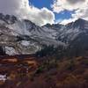 A snowy view of the Cathedral Lakes basin in late fall.