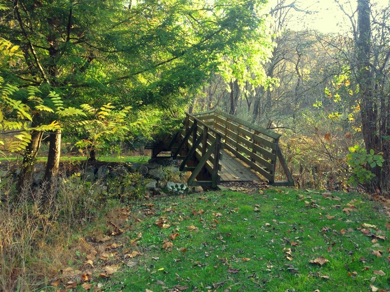 An arched bridge crossing Squaw Run in fall.