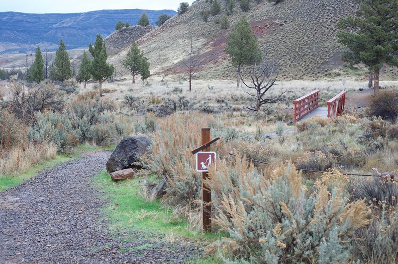 The trail departs the parking area and crosses a small wash via the bridge in the distance.