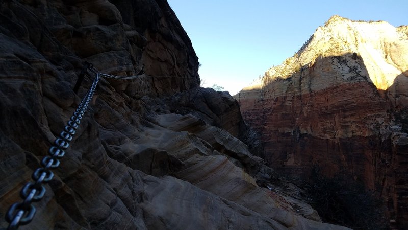 A chain railing provides some safety along part of the Hidden Canyon Trail.