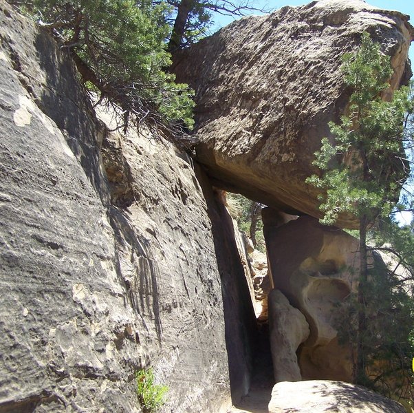 The path winds between and under boulders (Petroglyph Point Trail).