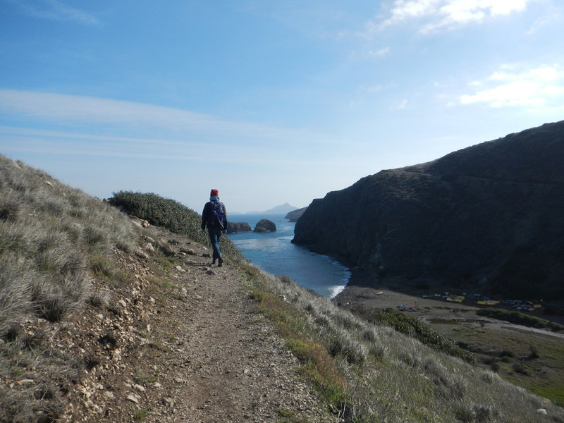 A rxher turns the corner to view the boat landing at Scorpion Bay.