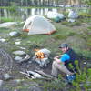 Outstanding campsite on Lower Merced Pass Lake. This is a little island in the lake that you need to cross natrual log bridges to get to.