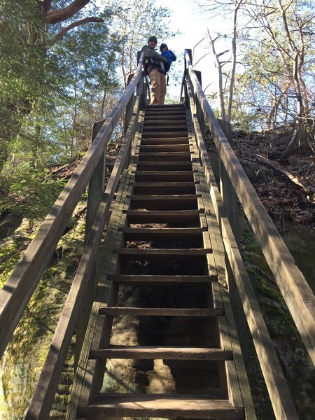 The Twin Arches loop trail has a set of steep stairs leading down to the Arches from the Trailhead parking lot.