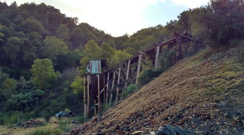 April Trestle (remnants seen here) carried cinnabar (mercury ore) in mining cars out of April Tunnel, which cut deep into Mine Hill.