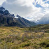 Every time you look over your shoulder on the Paine Grande Trail and see this view, I guarantee you'll be dumbstruck. Paine Grande is seen left, Valles Frances center, the Torres right-center, and the Cuernos far right.