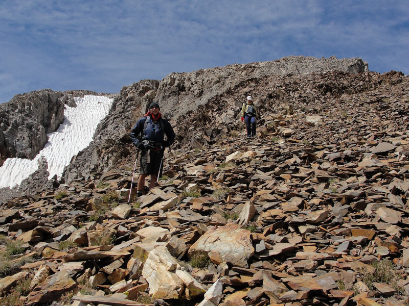 Hikers descending from Red Slate Mountain.