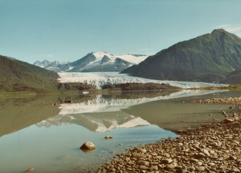 Mendenhall Glacier flowed strongly in 1980. Since then, it has receded about a mile, but it is still beautiful.